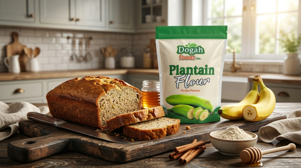 Freshly baked gluten-free banana bread made with Dogah Foods Plantain Flour.