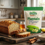 Freshly baked gluten-free banana bread made with Dogah Foods Plantain Flour.