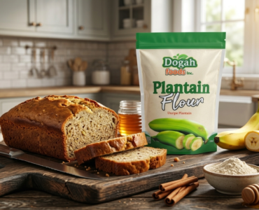 Freshly baked gluten-free banana bread made with Dogah Foods Plantain Flour.