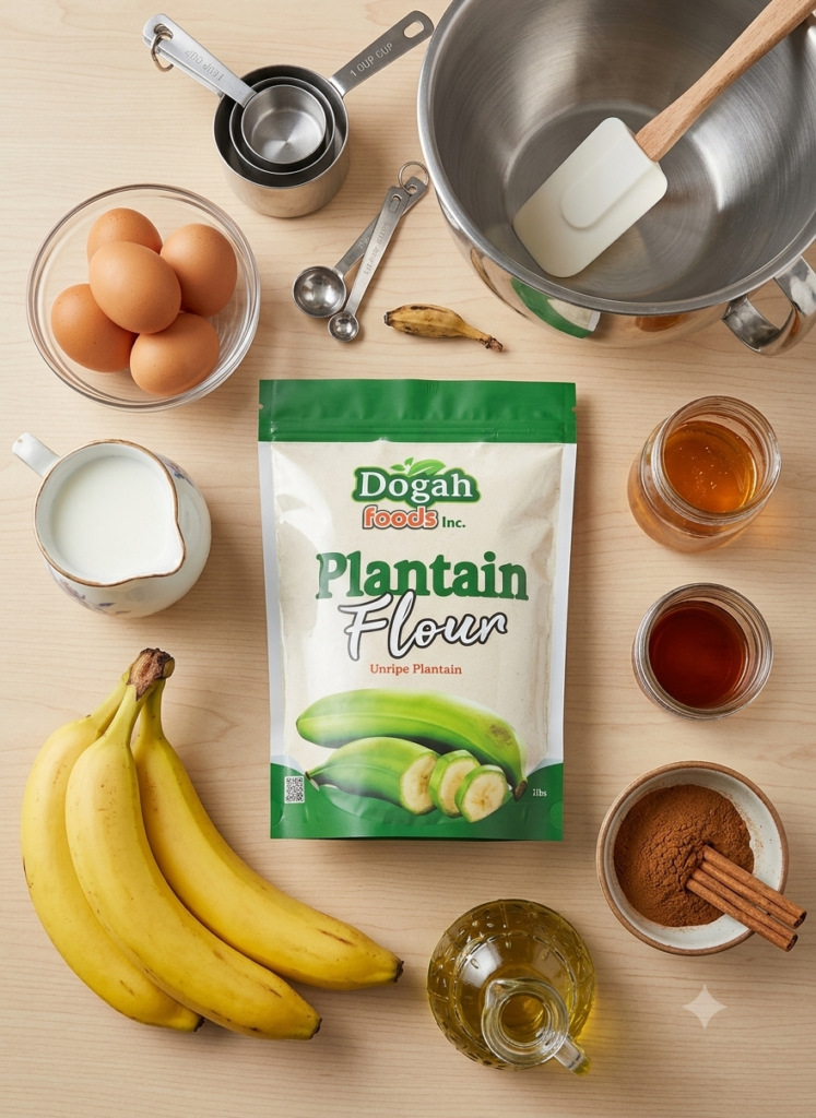 Ingredients for gluten-free banana bread recipe using Dogah Foods Plantain Flour.