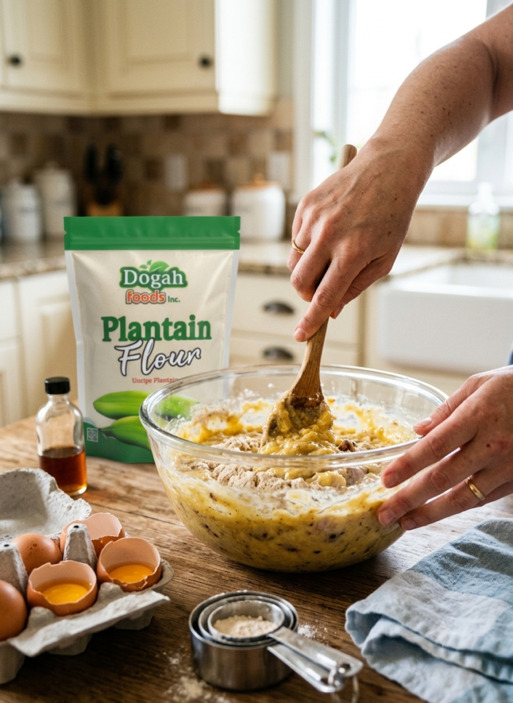 Preparing banana bread batter with Dogah Foods Plantain Flour.